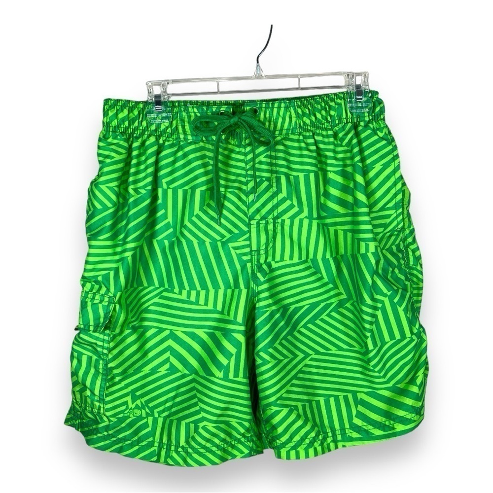 BOYS LARGE OKANU GREEN SWIM TRUNKS SHORTS MESH LINER ELASTIC WAIST BEACH